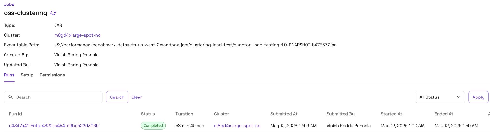 Onehouse job console showing the oss-clustering JAR run completing in 58 minutes 49 seconds.