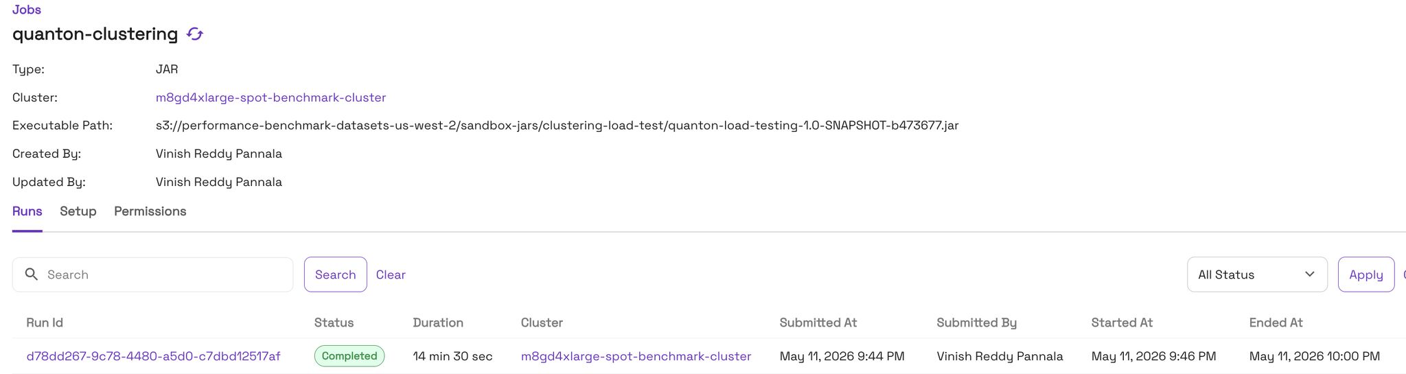 Onehouse job console showing the quanton-clustering JAR run completing in 14 minutes 30 seconds.
