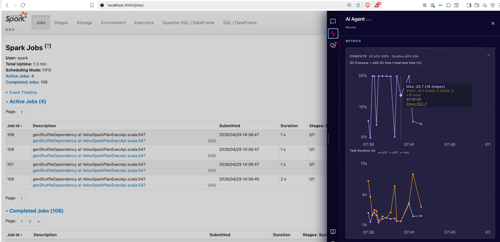 Monitor tab — live executor metrics