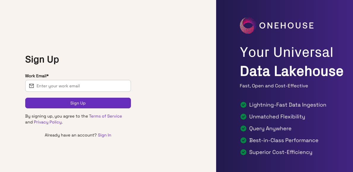 Onehouse signup page