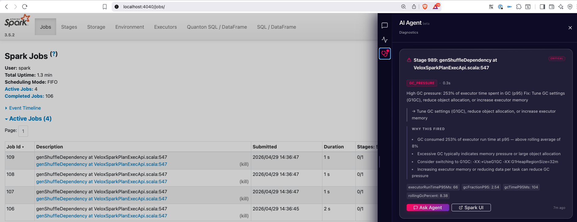 AI Agent Diagnostics view with stage analysis