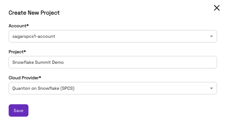 Create New Project dialog — Cloud Provider set to Quanton on Snowflake (SPCS)